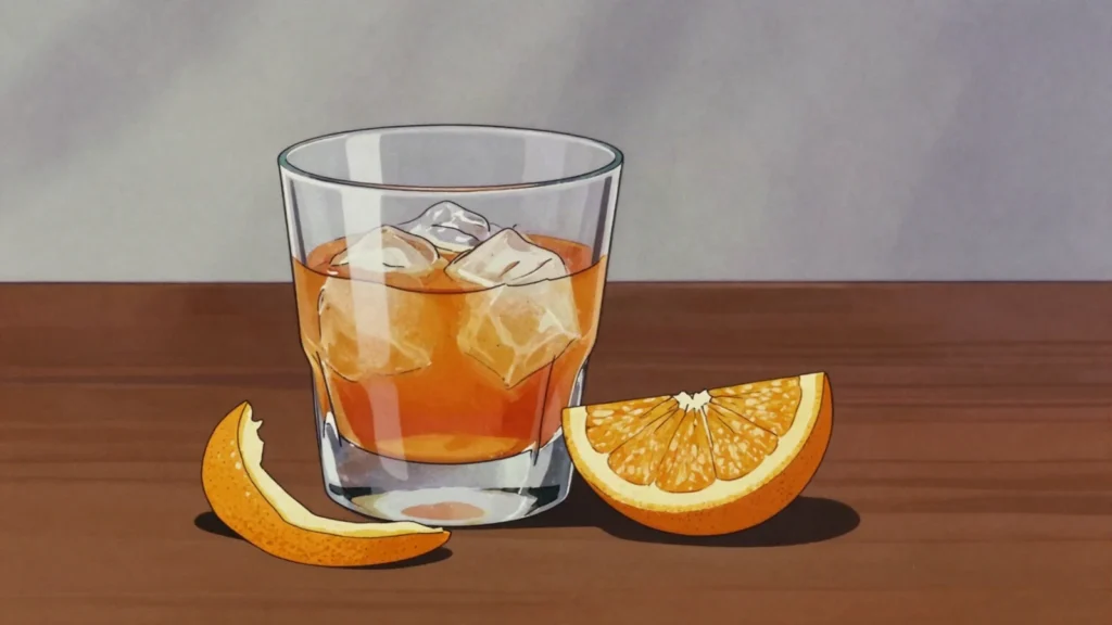 Filfar, orange liqueur from Cypriot citrus peel, drunk chilled or over ice, Cyprus wine & spirit, anime style