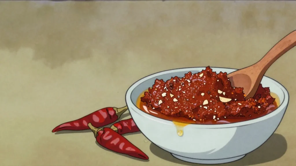 Filfel chuma, garlic and dried-chili paste loosened with oil, spooned onto fish and, Libya sauce & condiment, anime style