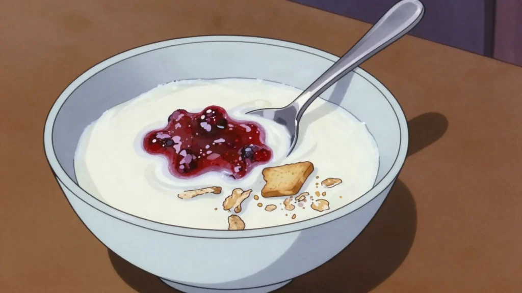 Filmjölk, thick soured milk poured over cereal at breakfast, Sweden cheese & dairy, anime style