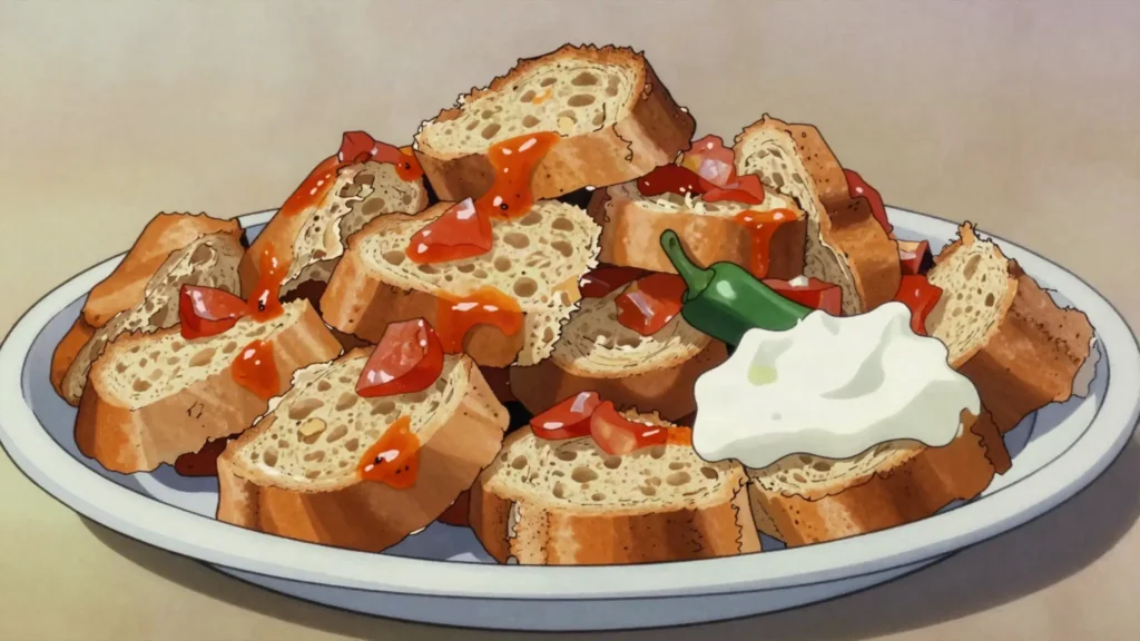 Firfir, torn injera soaked in spicy berbere sauce and butter, Ethiopia breakfast, anime style