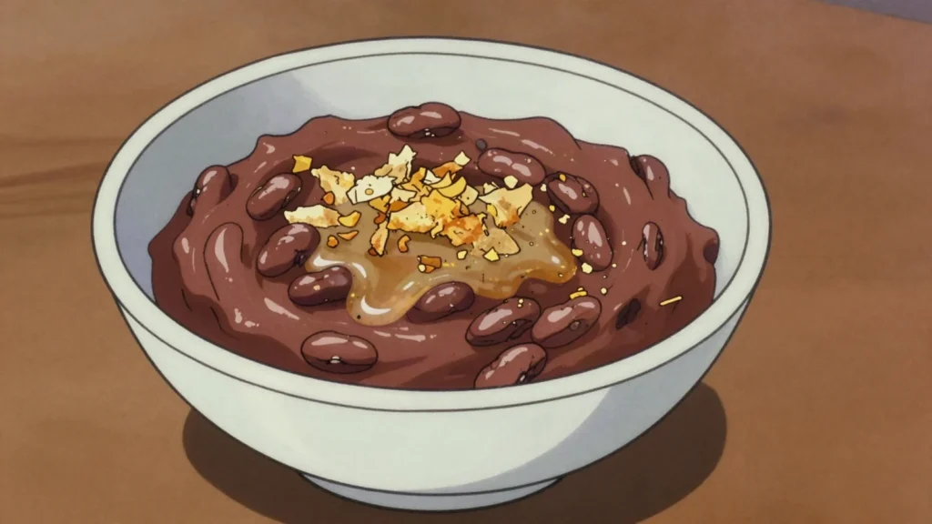 Firinda, beans boiled soft, peeled and mashed smooth with onion and ghee, Uganda salad & side, anime style