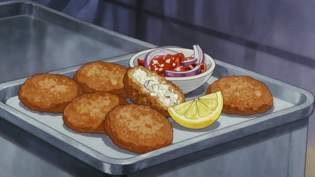 Fish cakes, fried dough rounds bound with fish, served with peppery onion sauce, Gambia street food, anime style