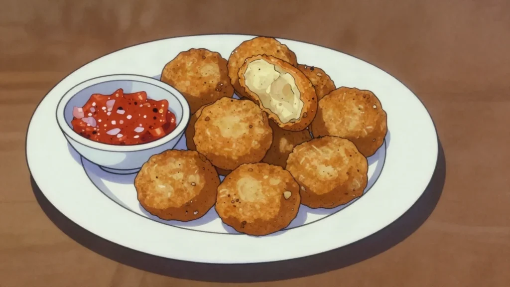 Fish Cutlets, breadcrumbed balls of spiced tuna and potato, deep-fried and eaten with sambol, Sri Lanka snack, anime style