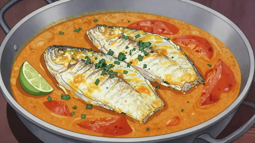 Fish Suruwa, indo-Fijian fish curry with coconut milk, tomato and spices, Fiji main, anime style