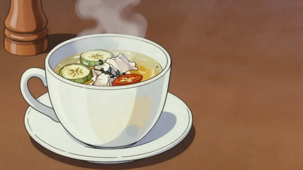 Fish tea, peppery clear fish broth drunk from a cup as a restorative, Jamaica soup & stew, anime style