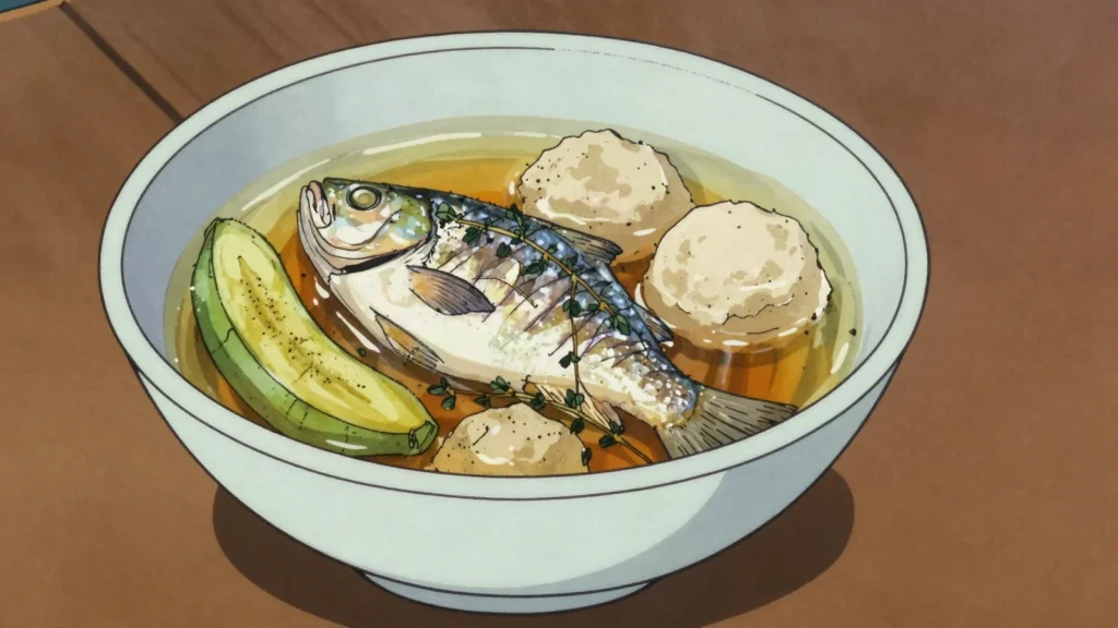 Fish water, thin peppery fish broth with green fig, dumplings and provisions, Saint Lucia soup & stew, anime style