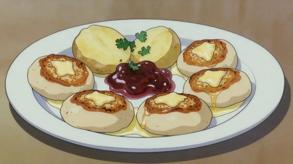 Fiskibollur, fish balls of minced haddock fried in butter with potatoes, Iceland main, anime style