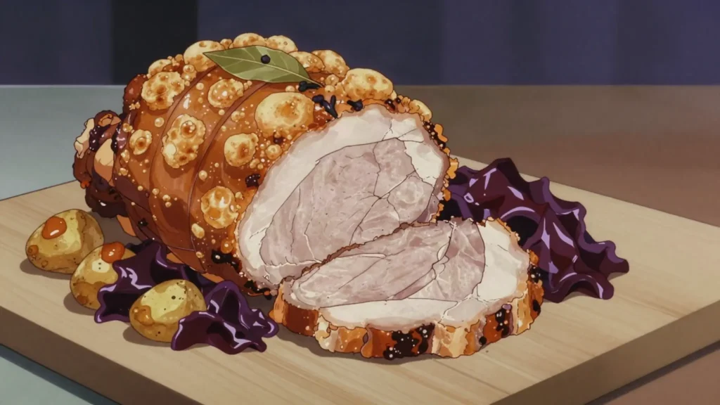 Flæskesteg, roast pork with crackling and red cabbage; Christmas centrepiece, Denmark main, anime style
