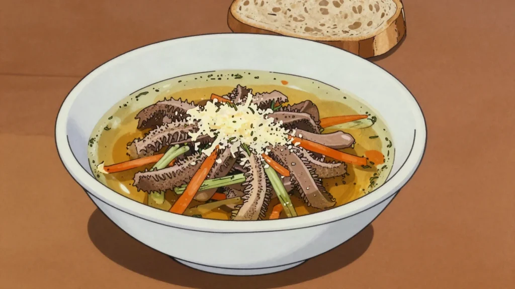 Flaki, tripe strips simmered with marjoram and root vegetables in beef broth, Poland soup & stew, anime style