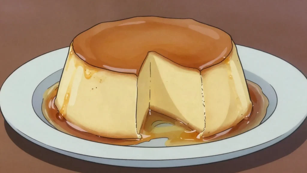 Flan, silky caramel egg custard, ubiquitous dessert, Mexico dessert, anime style