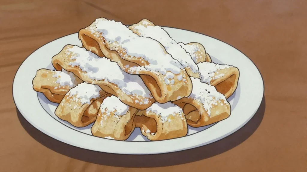 Flancati, thin knotted pastry ribbons fried crisp and buried in icing sugar, Slovenia dessert, anime style