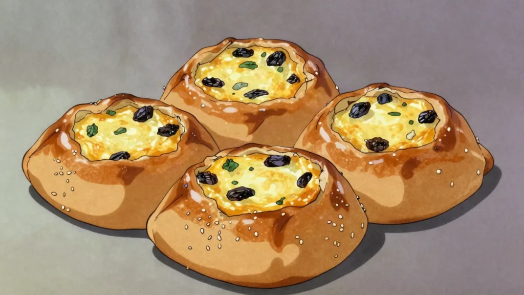 Flaouna, easter cheese-filled pastry with raisins and mint, Cyprus bread & pastry, anime style