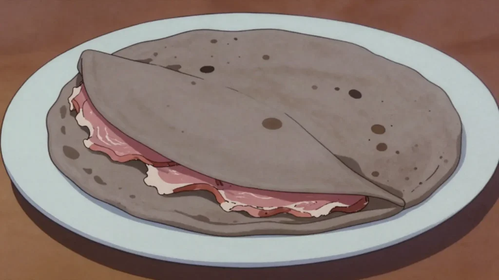 Flatkaka, griddled rye flatbread folded around smoked lamb, Iceland bread & pastry, anime style