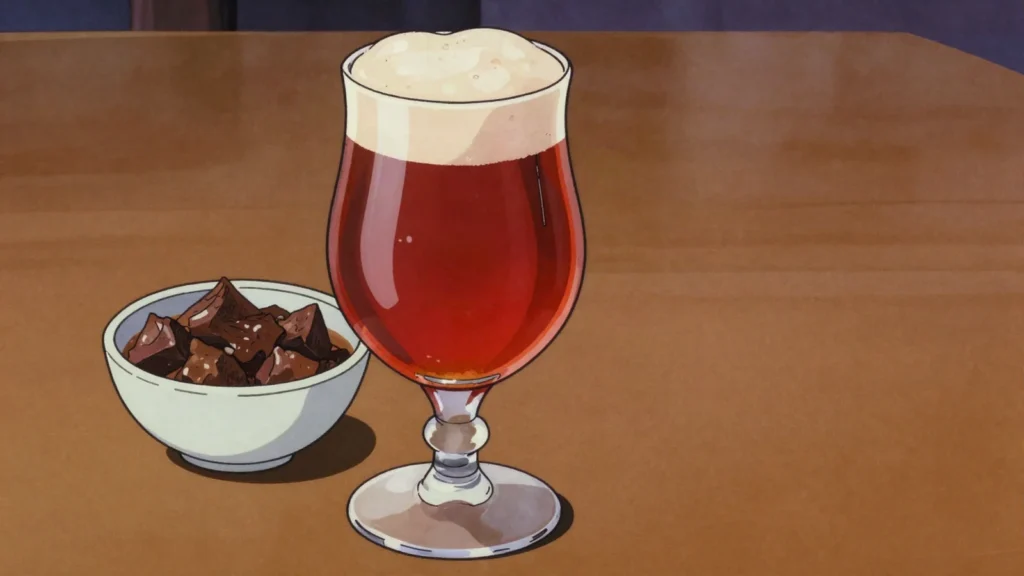 Flemish red ale, sour red-brown ale aged in oak, blended and vinegary, Belgium wine & spirit, anime style