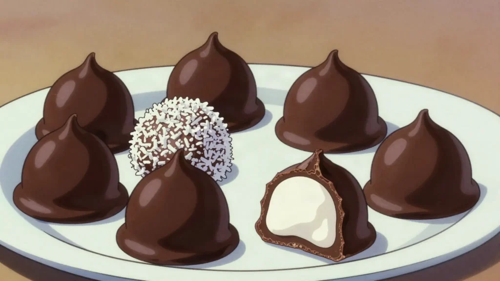 Flødeboller, chocolate-shelled marshmallow domes on marzipan bases, Denmark snack, anime style