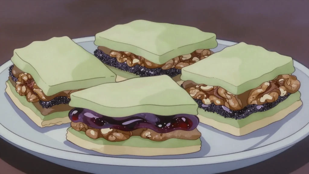 Flodni, layers of apple, walnut, poppy seed and plum jam between thin pastry, Hungary dessert, anime style