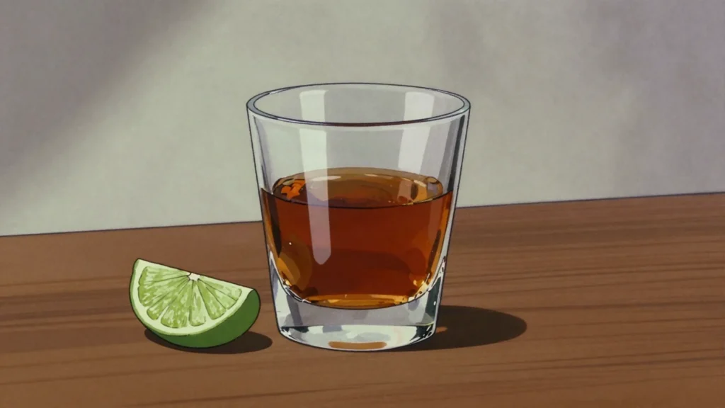 Flor de Caña, nicaraguan aged rum, smooth and dry, drunk neat or with lime, Nicaragua wine & spirit, anime style