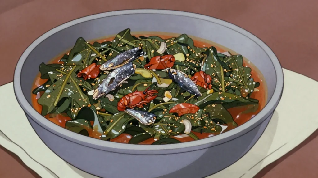 Folon, amaranth leaves stewed with palm oil and smoked fish, Gabon soup & stew, anime style