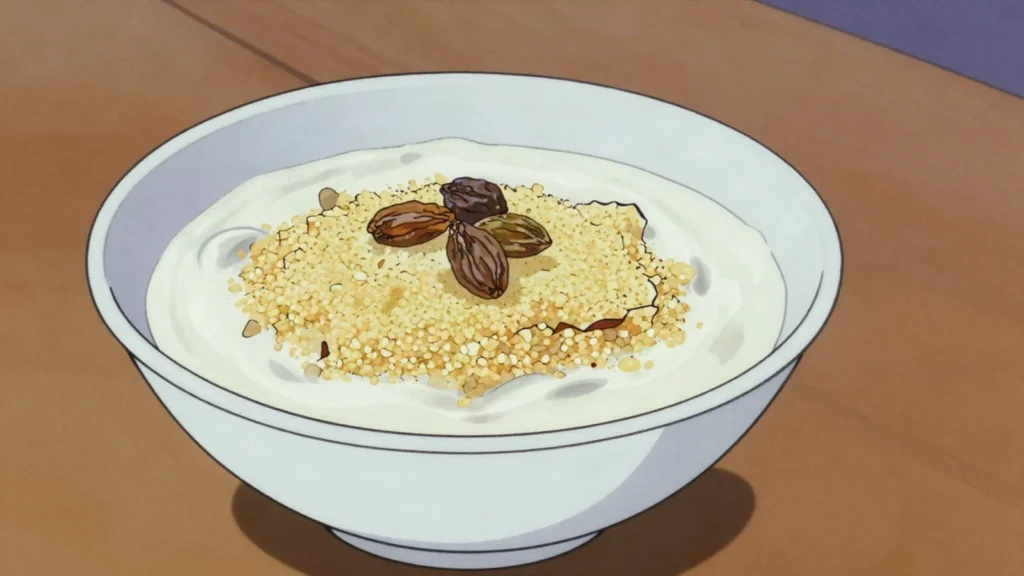 Fonde, cracked millet cooked soft and served under sweetened soured milk, Mauritania breakfast, anime style