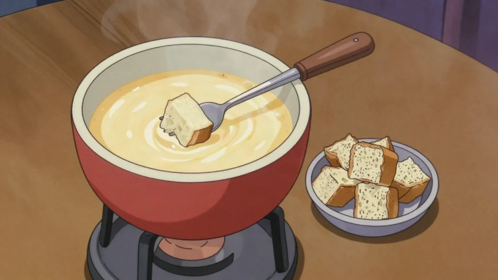 Fondue, melted Gruyère-Vacherin pot with wine; bread cubes dipped communally, Switzerland main, anime style