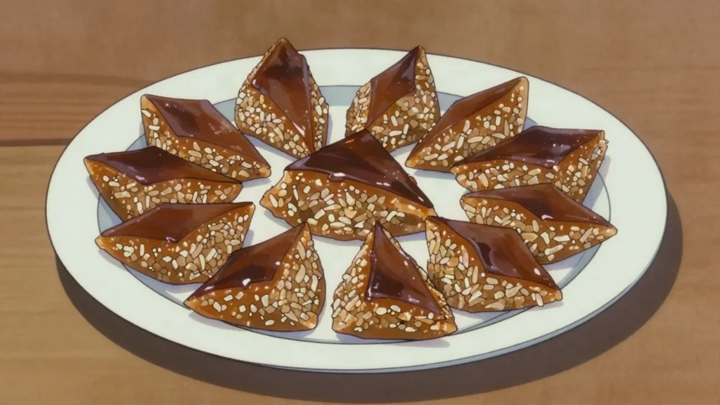 Foni Boakibaa, baked sweet cake of rice, coconut and palm sugar, cut into squares, Maldives dessert, anime style