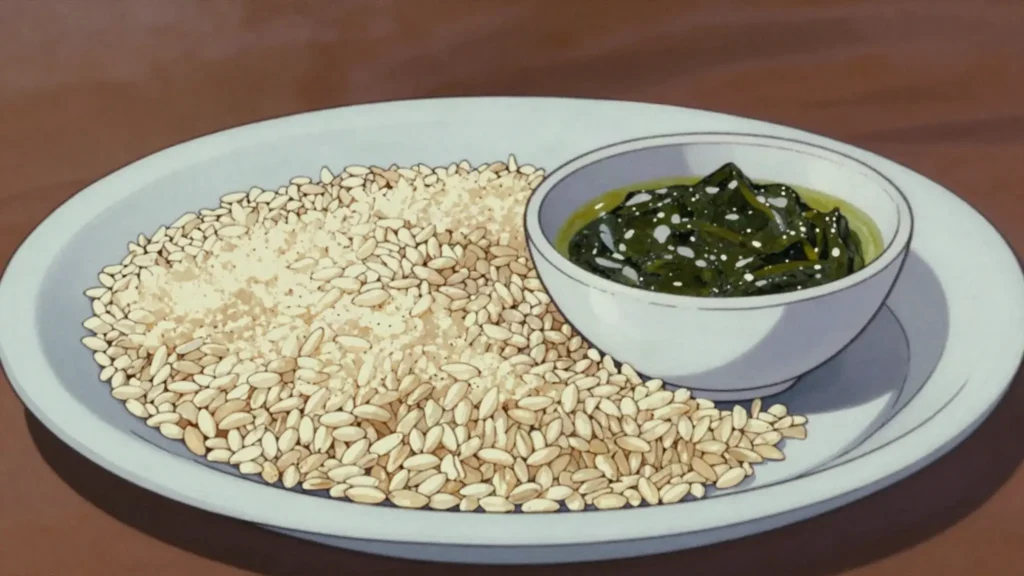Fonio, fouta Djallon's featherlight steamed grain with leaf or peanut sauces, Guinea main, anime style