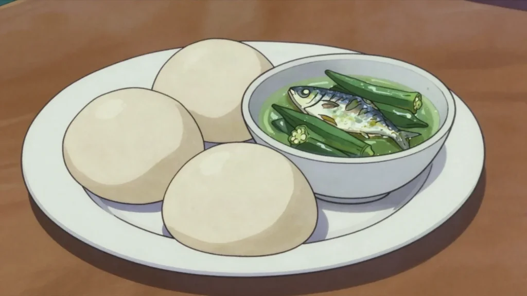 Foofoo, sour fermented cassava dough eaten with bitterleaf or okra sauces, Sierra Leone main, anime style