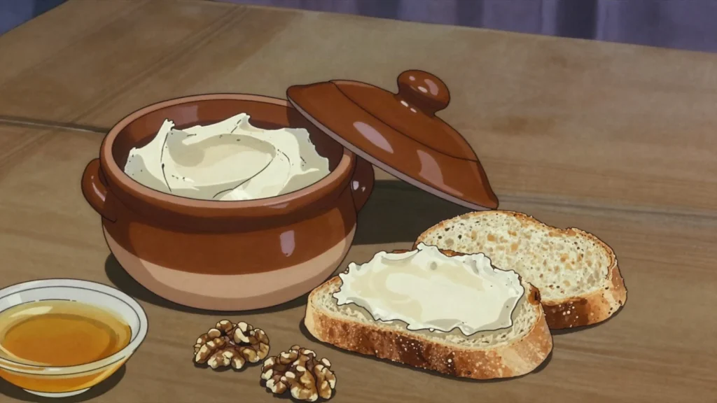 Formatge de tupí, pungent cheese fermented in a clay pot with brandy, Andorra cheese & dairy, anime style