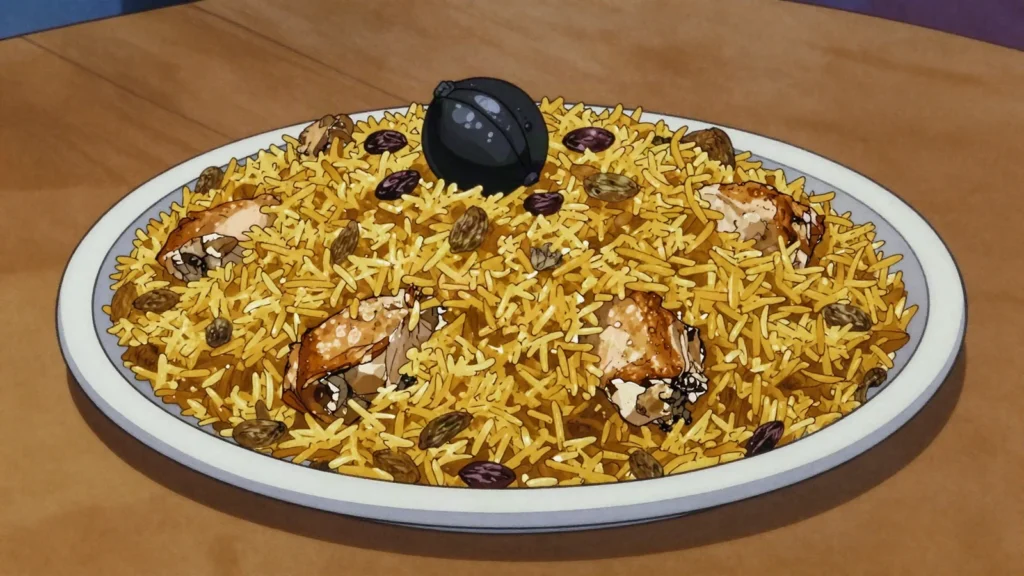 Fouga deyay, chicken buried under spiced rice with dried lime and raisins, United Arab Emirates main, anime style