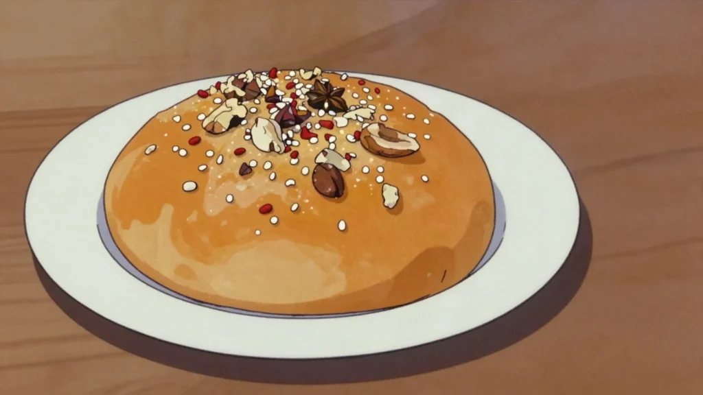 Fougasse monégasque, orange-blossom flatbread topped with nuts, anise candies, Monaco dessert, anime style