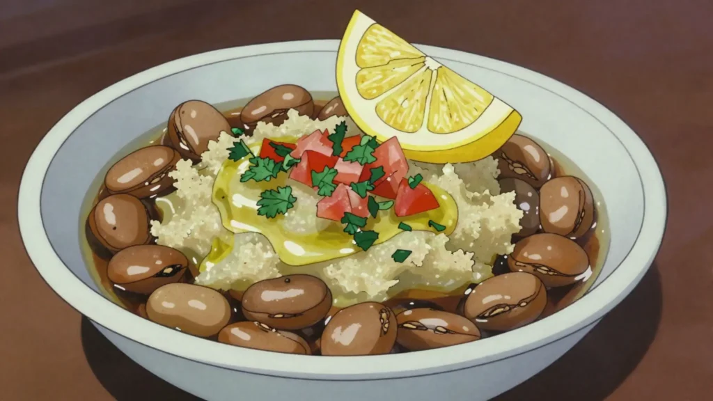 Foul mdammas, stewed fava beans with lemon, garlic and olive oil, Lebanon breakfast, anime style