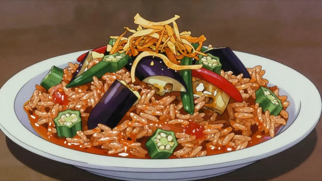 Fouti, rice cooked with okra, eggplant and peppers, finished with fried onion, Guinea main, anime style