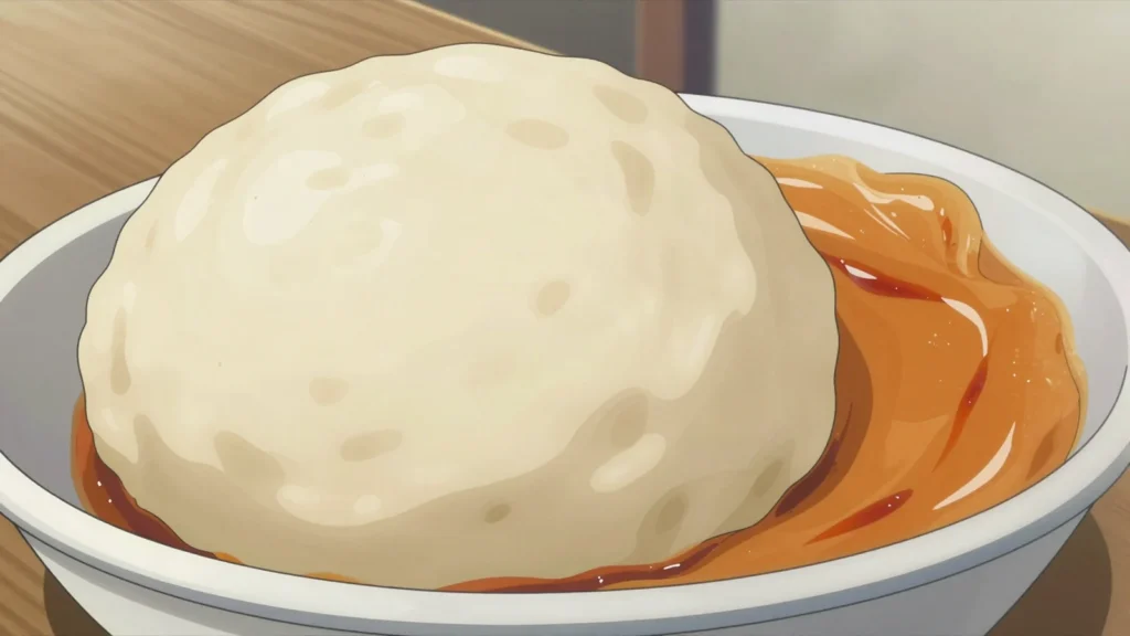 Foutou, elastic pounded plantain or yam balls dipped in rich sauces, Côte d'Ivoire main, anime style