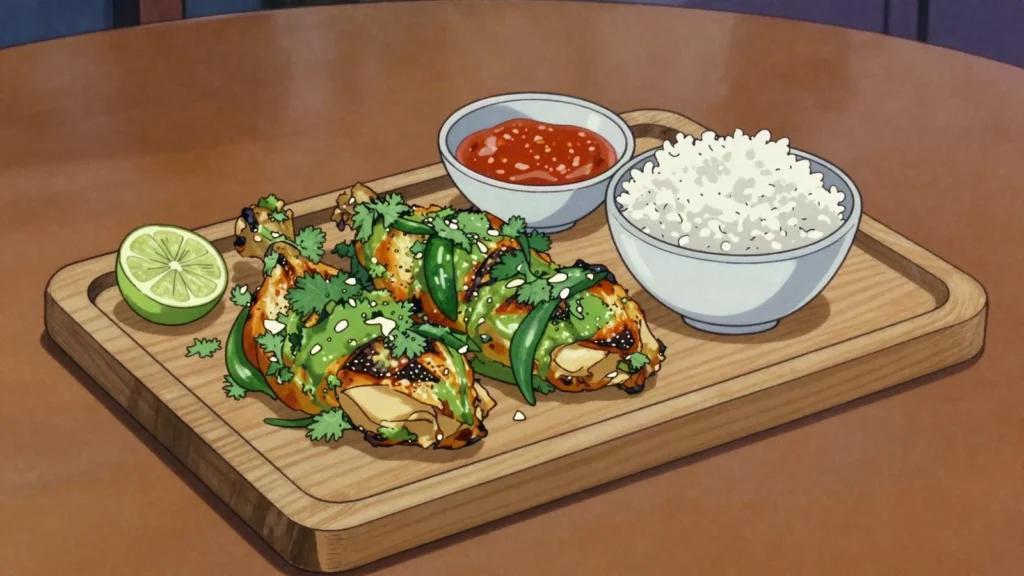 Frango à cafreal, chicken marinated in green chili, garlic and coriander, then grilled hard, Mozambique main, anime style