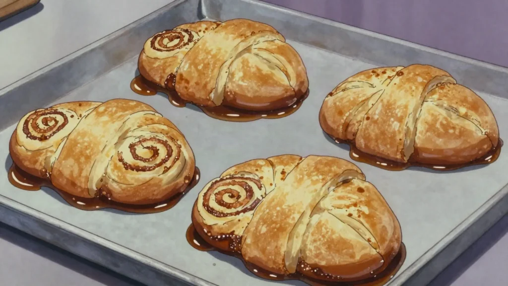 Franzbrötchen, squashed cinnamon-sugar pastry roll, caramelised at the base, Germany bread & pastry, anime style
