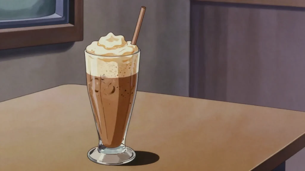 Frappé, shaken iced instant coffee crowned with foam, Greece drink, anime style