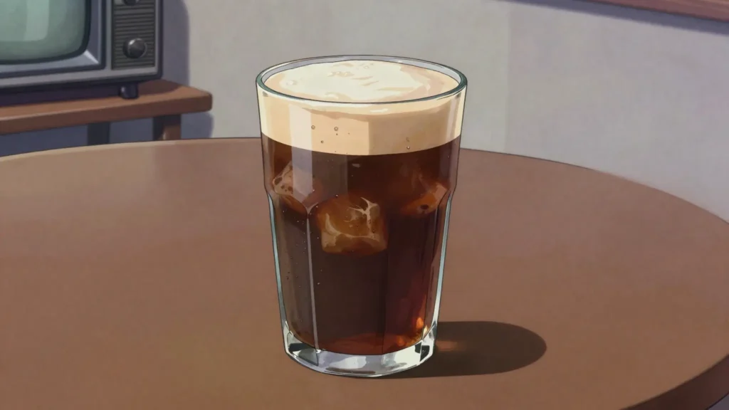 Freddo espresso, espresso shaken with ice into cold foam, served over ice cubes, Greece drink, anime style