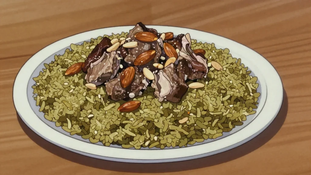 Freekeh, smoky green wheat pilaf with meat and toasted nuts, Syria main, anime style