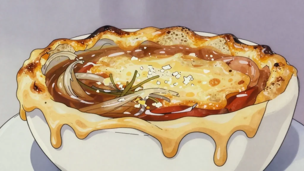French onion soup, onion soup in beef stock, gratinéed with bread and Gruyère, France soup & stew, anime style