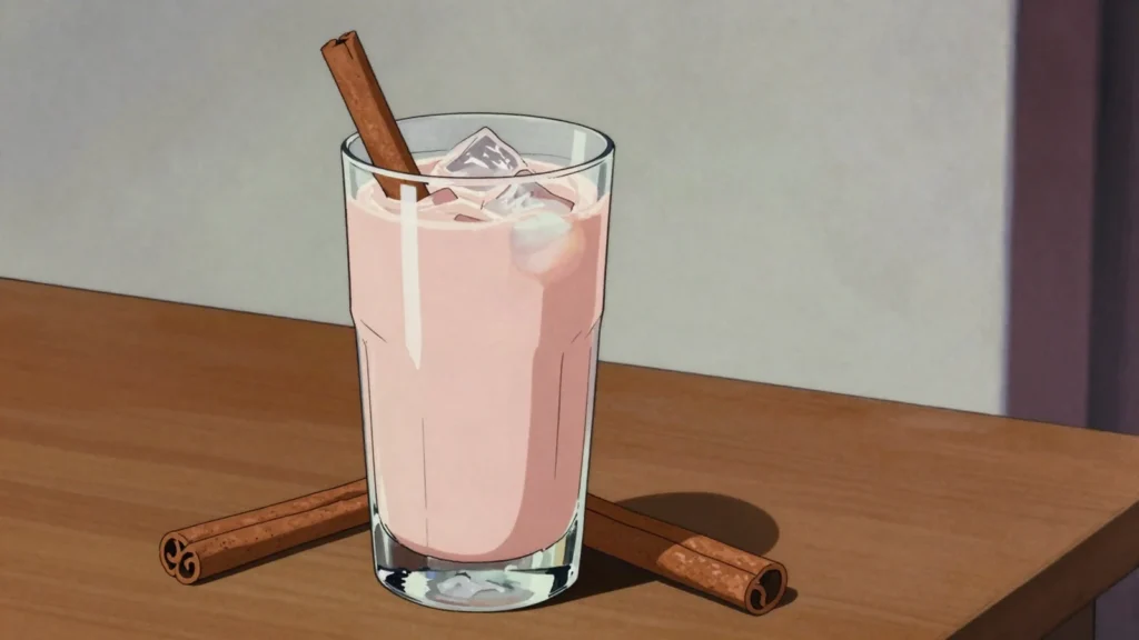 Fresco de cebada, pink cooler of toasted barley or rice flour with milk and cinnamon, Nicaragua drink, anime style