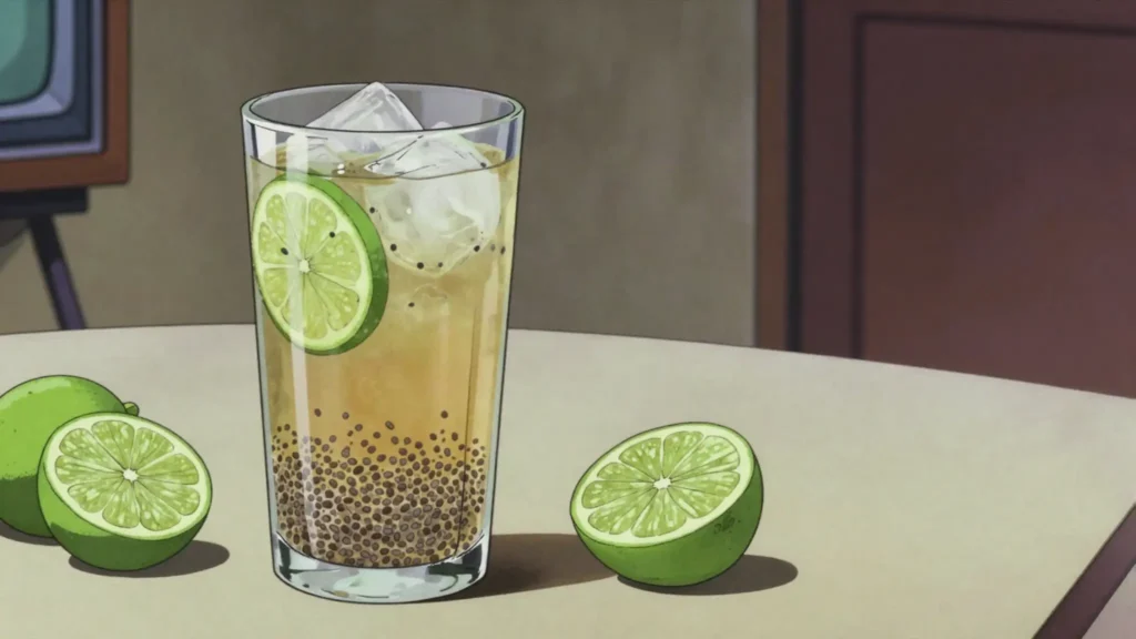 Fresco de chan, water with swollen chia seeds, lime and panela, drunk very cold, El Salvador drink, anime style