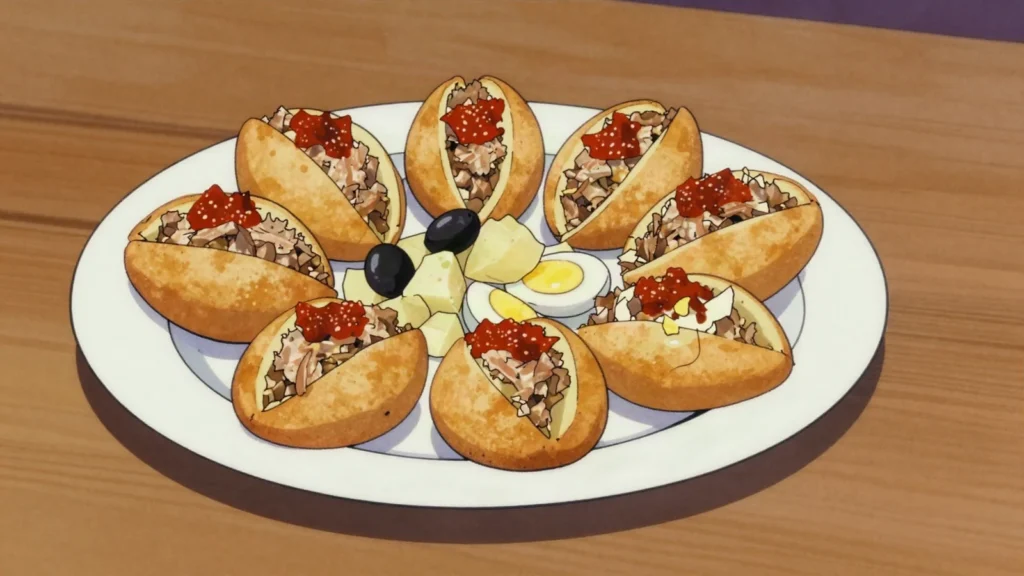 Fricassé, small fried bun stuffed with tuna, harissa, olives, egg and potato, Tunisia street food, anime style