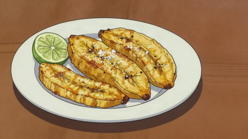 Fried banana, ripe bananas or plantains fried golden, everyday treat, São Tomé and Príncipe snack, anime style