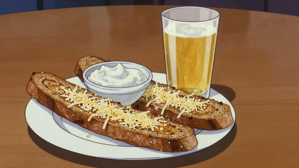 Fried bread, garlic-rubbed fried rye sticks with cheese sauce; beer snack, Lithuania snack, anime style