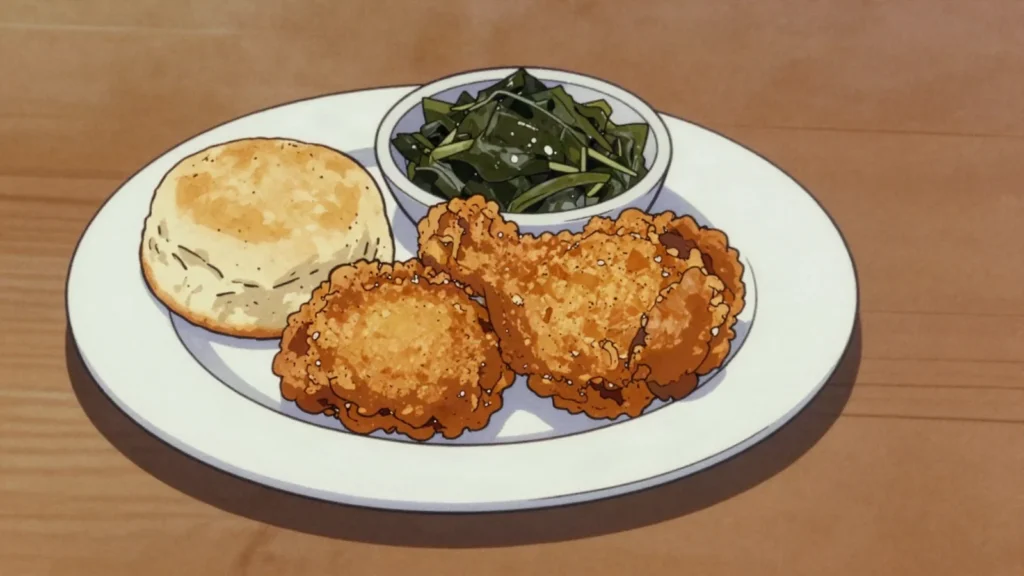 Fried chicken, buttermilk-brined chicken fried crisp; Southern soul food icon, United States main, anime style