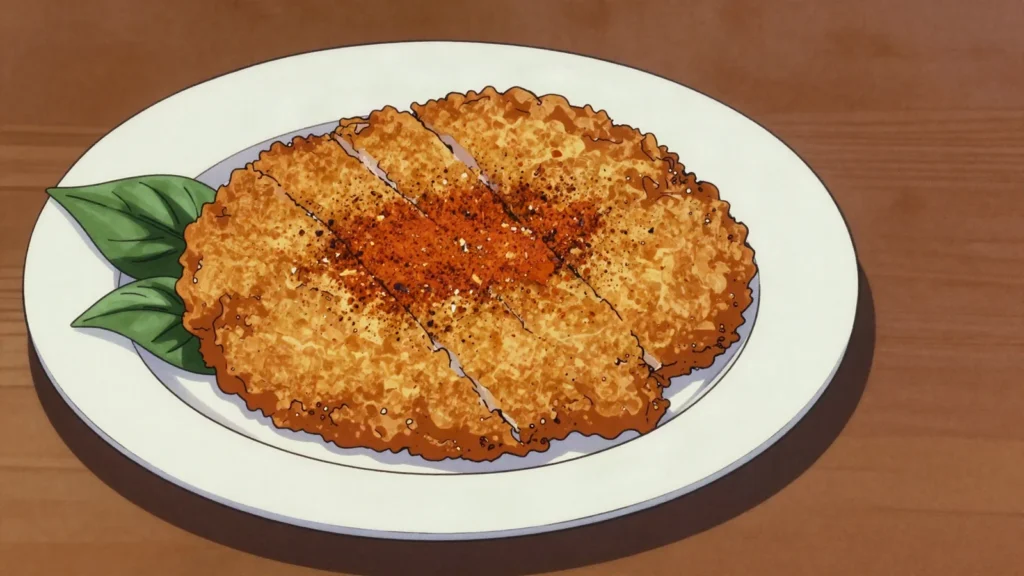 Fried Chicken Cutlet, oversized flattened fried chicken breast dusted with spiced pepper, Taiwan street food, anime style