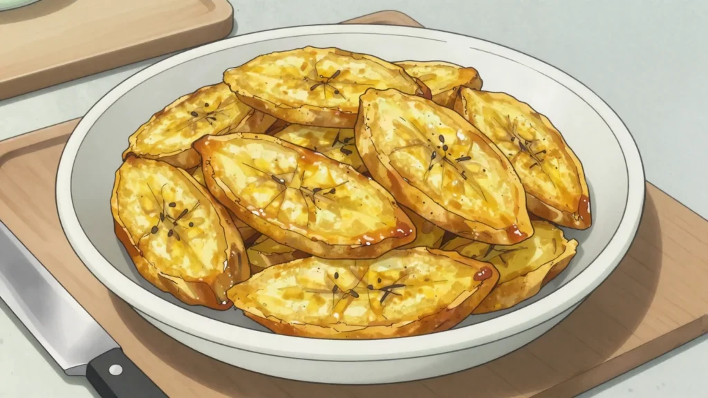 Fried plantains, sweet plantains fried as the ubiquitous side, Gabon salad & side, anime style