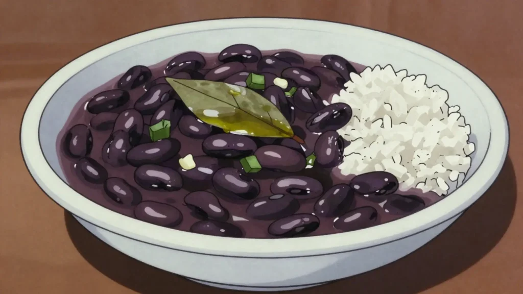 Frijoles negros, cuban black beans stewed with sofrito, Cuba soup & stew, anime style