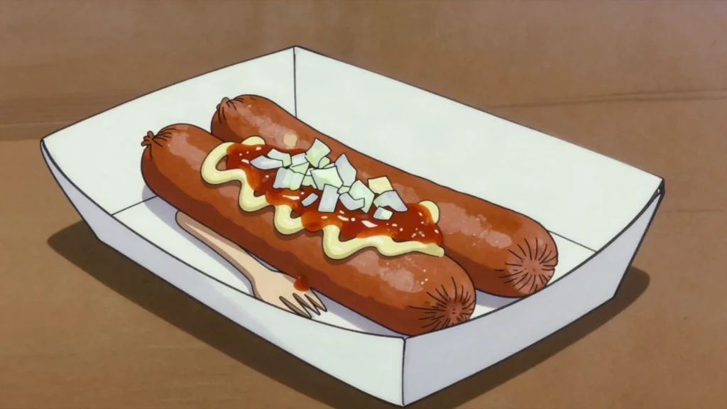 Frikandel, skinless minced-meat sausage, deep-fried at snack bars, Netherlands street food, anime style