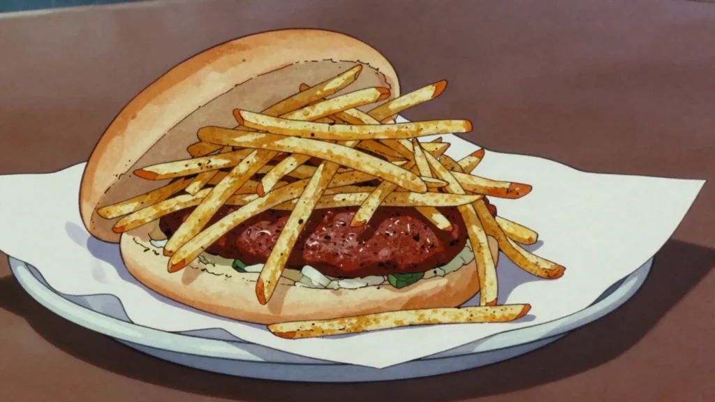 Frita cubana, spiced beef and chorizo patty in a bun, buried under shoestring potatoes, Cuba street food, anime style